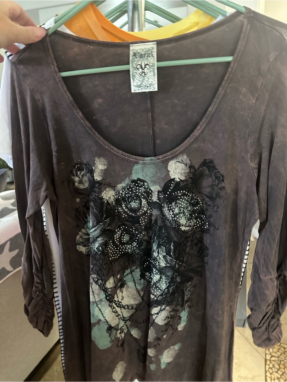Embellished Floral Scoop Neck Long Sleeve Top - Brown by VOCAL